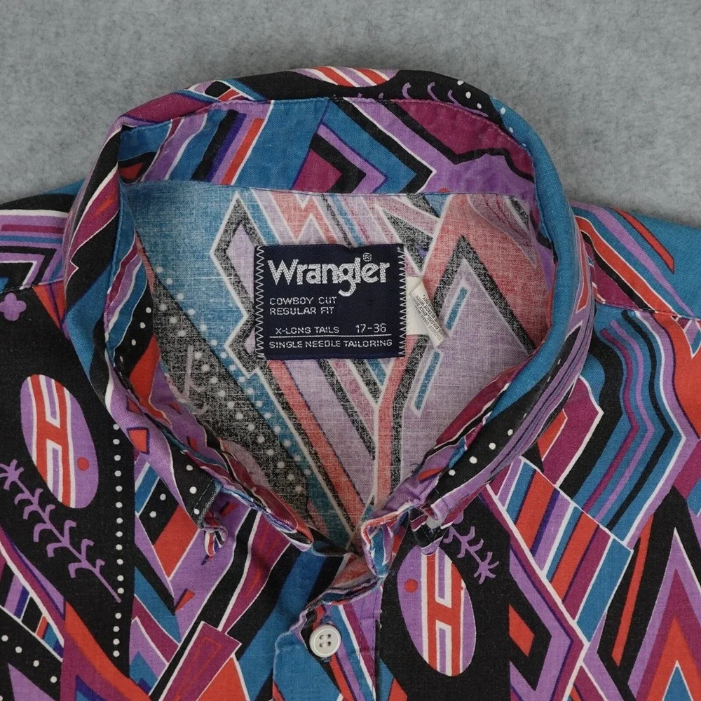 Vintage Wrangler Shirt Mens 17-36 Cowboy Western X Long Tail Brushpopper Native